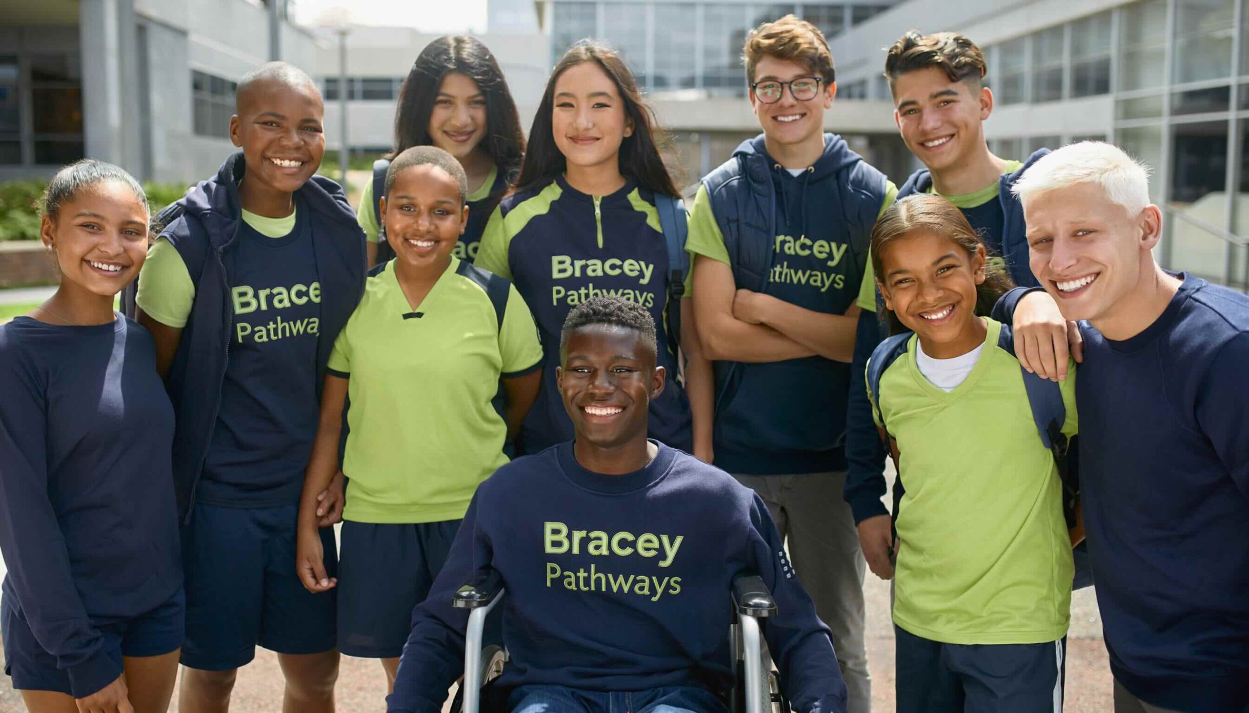 A diverse group of nine smiling youth with one teacher to the right, standing close together outdoors in front of a modern school building. They are wearing matching athletic uniforms in navy blue and bright lime green colors. Several of the shirts and sweatshirts prominently display the text "Bracey Pathways" in lime lettering.