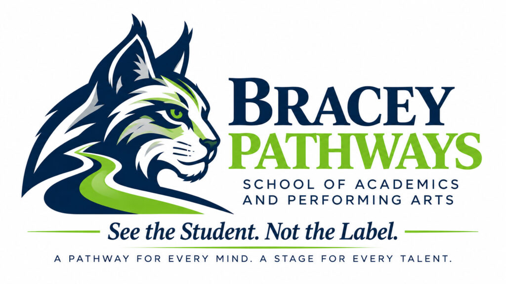 Bracey Pathways School of Academic and Performing Arts. See the Student. Not the Label. A Pathway for Every Mind. A Stage for Every Talent. An illustration on the left is of the head of a lynx facing right, and a winding path runs from the side of his head downward.