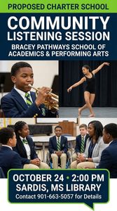 Proposed Charter School
Community Listening Session
Bracey Pathways School of Academics & Performing Arts
The image features two separate photographic blocks showcasing diverse student activities:
• Top left: A young boy in a dark navy blue blazer with a green and yellow striped tie plays a brass trumpet.
• Top right: A young female dancer performs a ballet or contemporary dance pose in a black leotard on a stage.
• Middle section: A group of five students in matching navy blue school uniforms with green and yellow striped ties sit in a circle engaging in a discussion with an adult woman. One of the students in the center is using a wheelchair.
Event Details:
• Date: October 24
• Time: 2:00 PM
• Location: Sardis, MS Library
• Contact: 901-663-5057 for Details